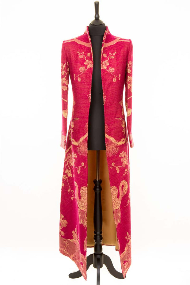 maxi coat in red with stunning pattern 