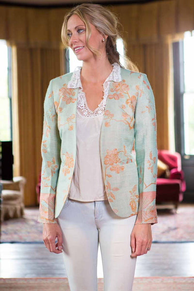 pale green eggshell and apricot fitted jacket for women, collarless blazer, mother of the bride outfit, wedding guest jacket