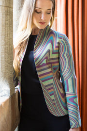 women's green striped cashmere jacket, wedding guest outfit, jacket for the opera