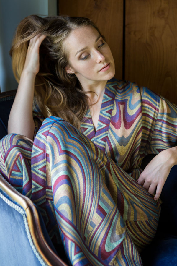 Luxury dressing gown that makes a perfect gift for her. Handmade gown in yellow, blue red and purple fabric. 