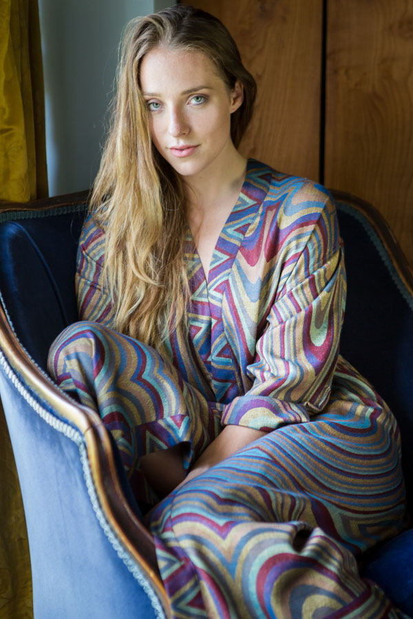 Geo pattern dressing gown. Long belted cashmere gown - multicoloured pattern. Abstract clothing. 