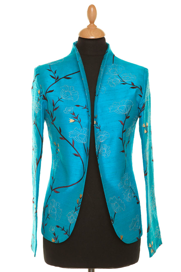 bright turquoise blue embroidered silk fitted jacket, blue silk wedding outfit, plus size mother of the bride outfit