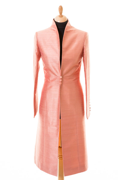 blush pink rose gold raw silk wedding coat, traditional mother of the bride outfit, pink ascot outfit, smart tailored silk coat, plus size wedding guest outfit