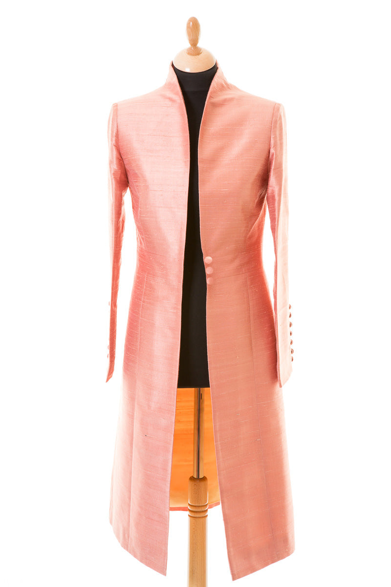blush pink rose gold raw silk wedding coat, traditional mother of the bride outfit, pink ascot outfit, smart tailored silk coat, plus size wedding guest outfit