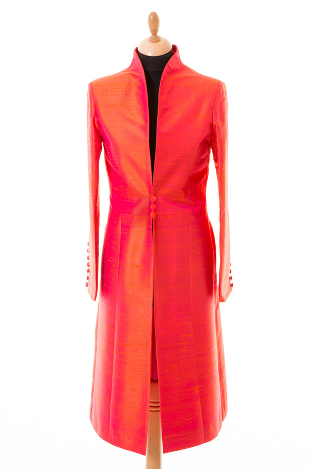 bright orange pink shot raw silk, mother of the bride coat, wedding guest outfit, silk opera coat, black tie wedding outfit, statement coat for ladies day, ascot outfit ideas, plus size silk coat