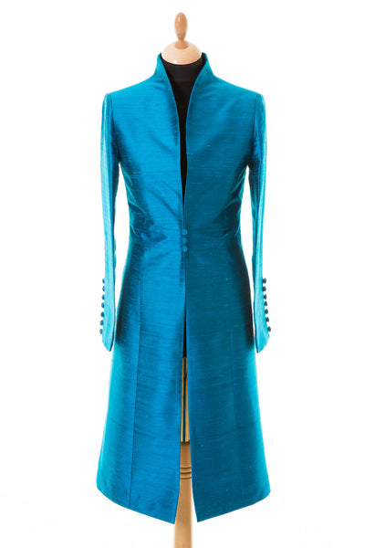 bright teal blue raw silk wedding coat, mother of the bride outfit, special occasion coat, silk opera coat, plus size outfit for races, ascot outfit ideas, fitted silk coat, mother of the groom coat