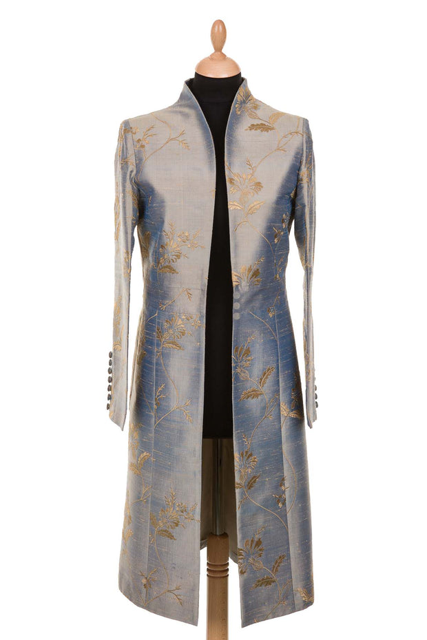 blue and gold embroidered silk wedding outfit, the best mother of the bride outfits, plus size mother of the bride coat, silk opera coat, silk special occasion outfit