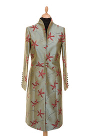 women's silk coat, sage green embroidered silk, plus size mother of the bride outfit, unusual wedding outfit, royal ascot outfit ideas