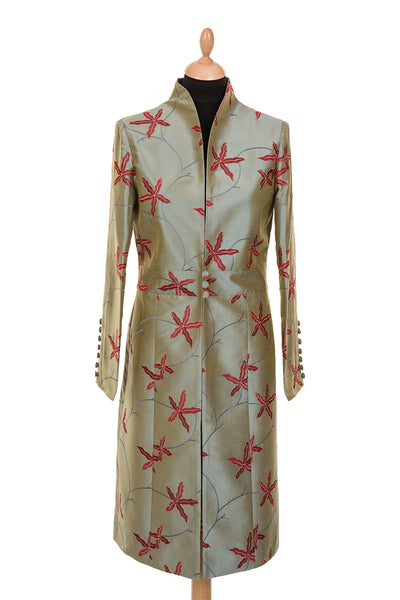 women's silk coat, sage green embroidered silk, plus size mother of the bride outfit, unusual wedding outfit, royal ascot outfit ideas