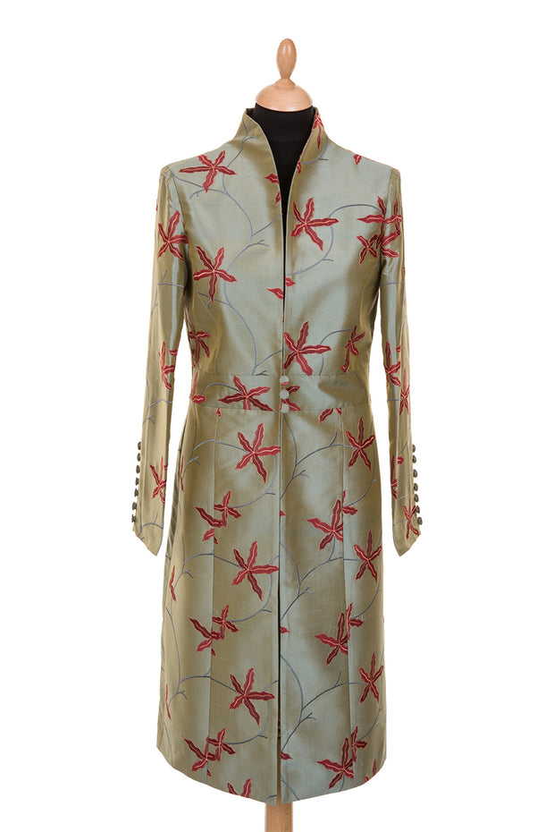 women's silk coat, sage green embroidered silk, plus size mother of the bride outfit, unusual wedding outfit, royal ascot outfit ideas