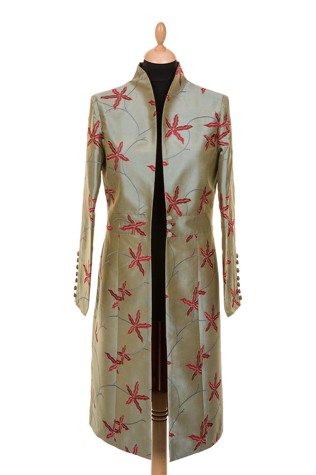women's silk coat, sage green embroidered silk, plus size mother of the bride outfit, unusual wedding outfit, royal ascot outfit ideas