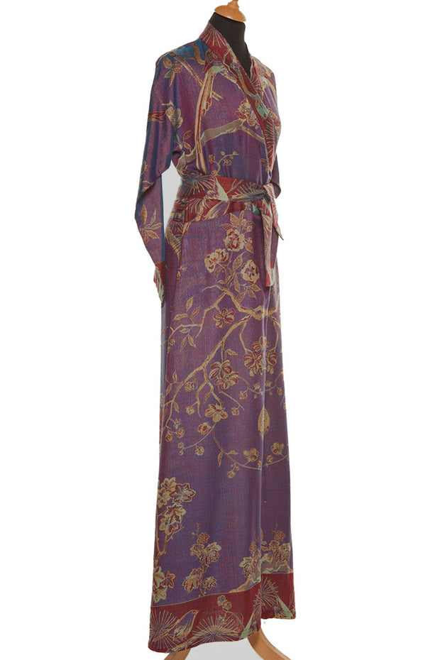 kimono dress in purple with flowers and birds, belted ladies kimono with long sleeve