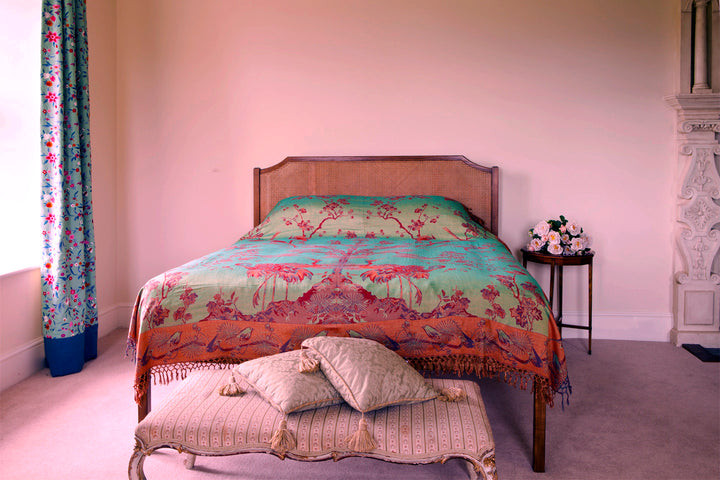 green and red cashmere fabric, tree of life pattern, floral luxury bed throw, home decor