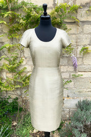 ladies-pale-sold-raw-silk-scoop-neck-tailored-dress-capped-sleeves-sample-sale-petite-wedding-guest-dress
