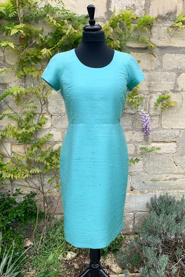 ladies-bright-turquoise-blue-raw-silk-tailored-fitted-shift-dress-mother-of-the-bride-outfit-sample-sale
