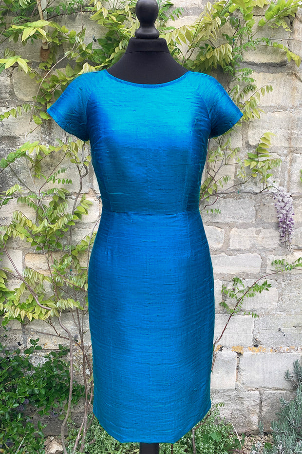 womens-smart-kingfisher-teal-blue-raw-silk-tailored-fitted-shift-dress-sample-sale-petite-wedding-guest-dress