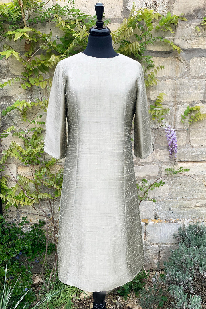 ladies-pale-gold-silver-raw-silk-aline-shift-dress-long-sleeves-mother-of-the-bride-outfit-wedding-guest-party-dress-sample-sale