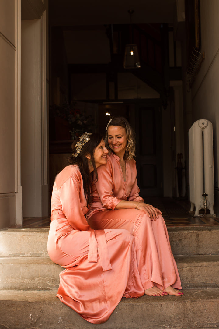 Long belted jumpsuit in blush. Bridesmaids jumpsuits in pink. Plus size playsuit. 