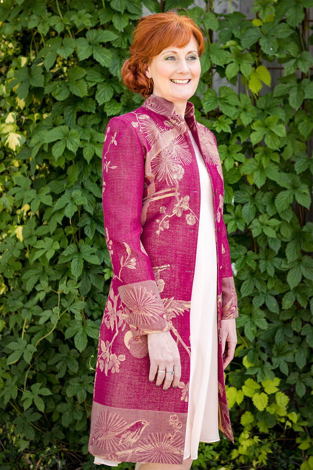 ladies raspberry pink cashmere coat, nehru collar coat, pink mother of the bride outfit