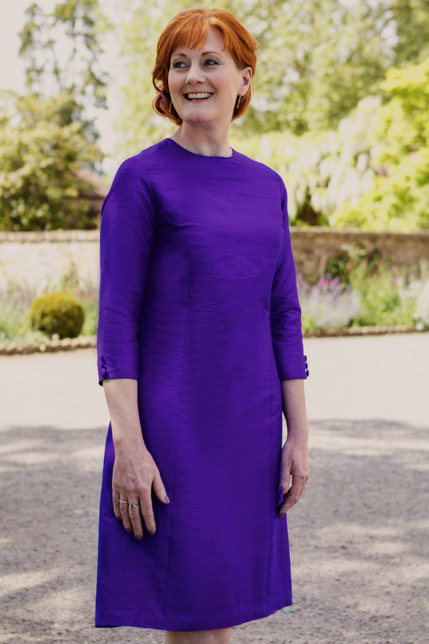 bright violet purple raw silk shift dress, a-line plus size wedding outfit, ladies outfit ideas for royal ascot, plus size silk shift dress