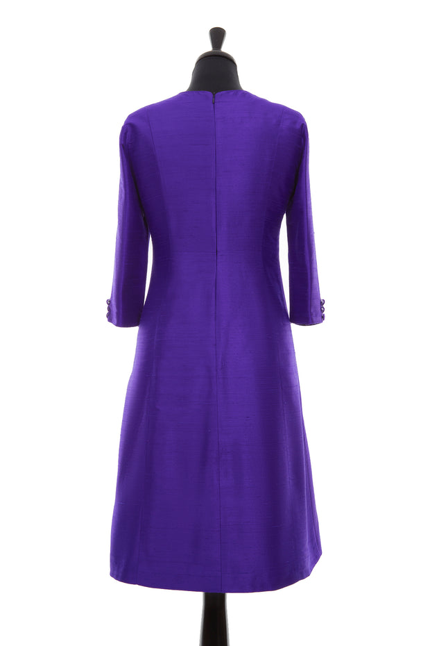 bright violet purple raw silk shift dress, a-line plus size wedding outfit, ladies outfit ideas for royal ascot, plus size silk shift dress