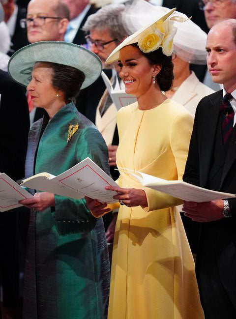 HRH Princess Anne wearing a silk coat at the Platinum Jubilee. 