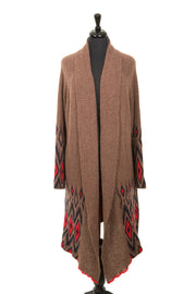 Long brown alpaca cardigan with red diamonds. 