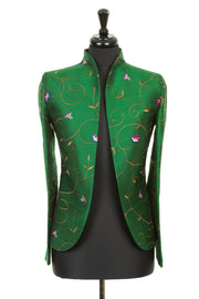 Womens short jacket with a soft curved collar in a rich emerald green embroidered silk