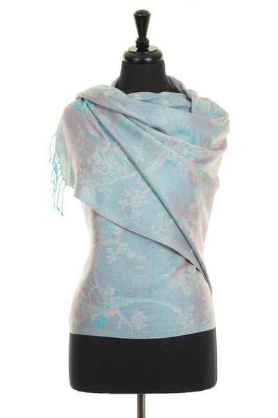 Bridesmaid shawl. Soft blue coloured scarf with floral pattern. 