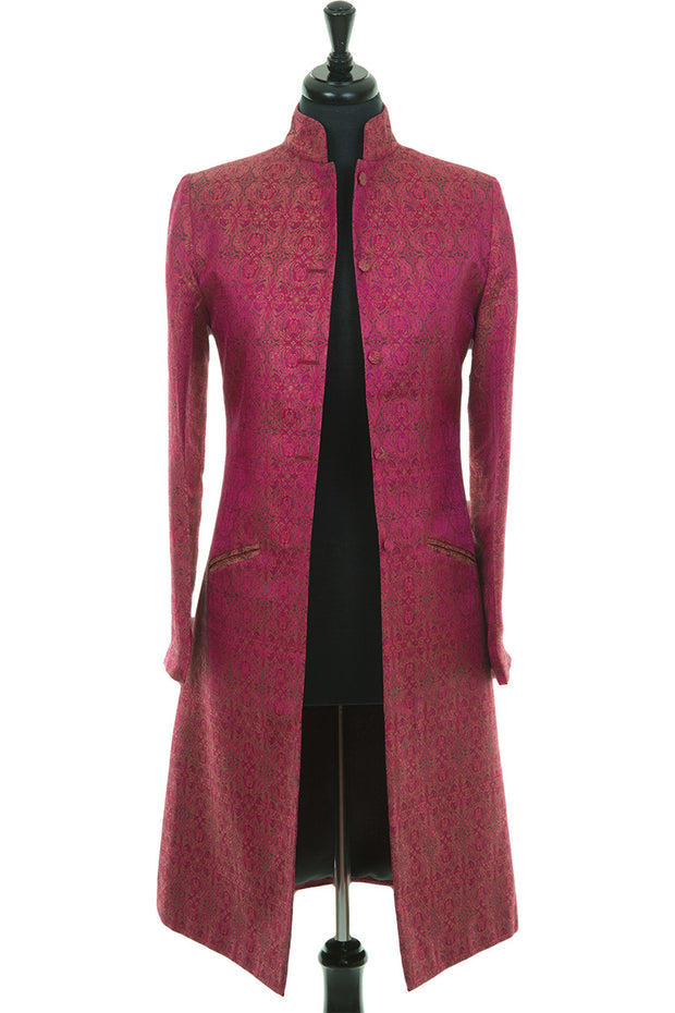 plus size wedding outfit, pink jacquard silk knee length coat, mother of the bride or groom outfit