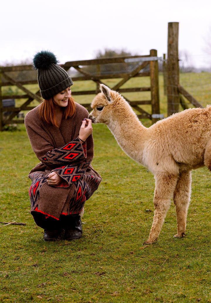 Alpaca sniffing a girl's hand who is wearing alpaca wool eco cardigan. 