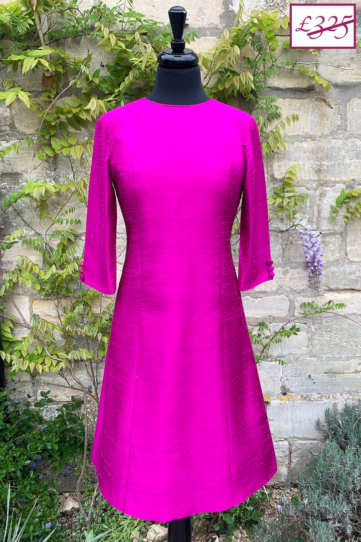 bright magenta pink raw silk a-line shift dress, wedding guest outfit, plus size mother of the bride outfit, best ascot outfits, sale, discount