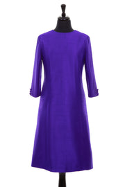bright violet purple raw silk shift dress, a-line plus size wedding outfit, ladies outfit ideas for royal ascot, plus size silk shift dress