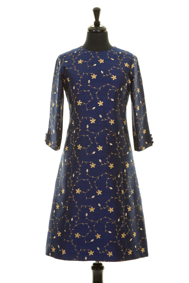 navy blue and gold embroidered silk a-line shift dress, summer wedding guest outfit, plus size mother of the bride outfit, best ascot outfits
