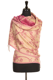 Cashmere shawl in camel with pink flowers. 