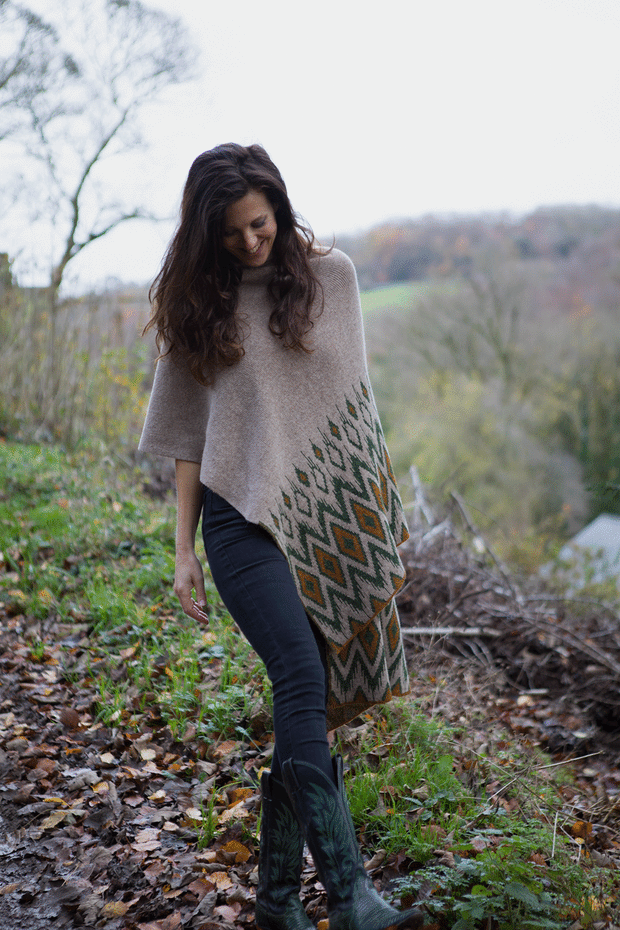 Eco alpaca scarf in brown with green and yellow. 