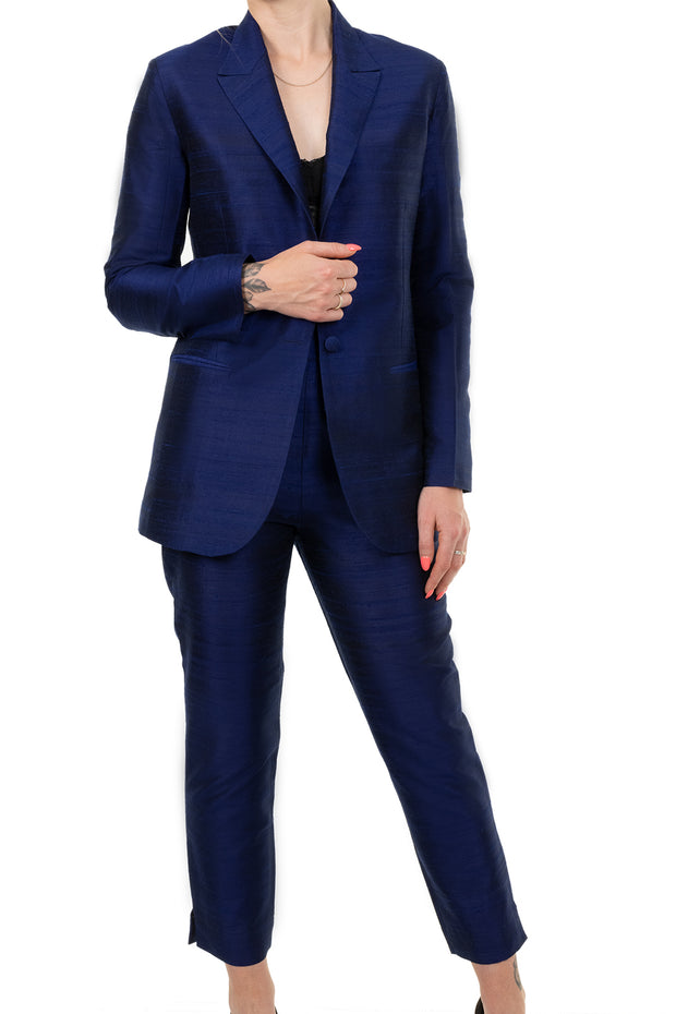 blue raw silk handmade suit in midnight blue
