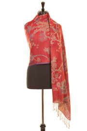 Red pashmina with flowers and birds. Large scarf for weddings. 